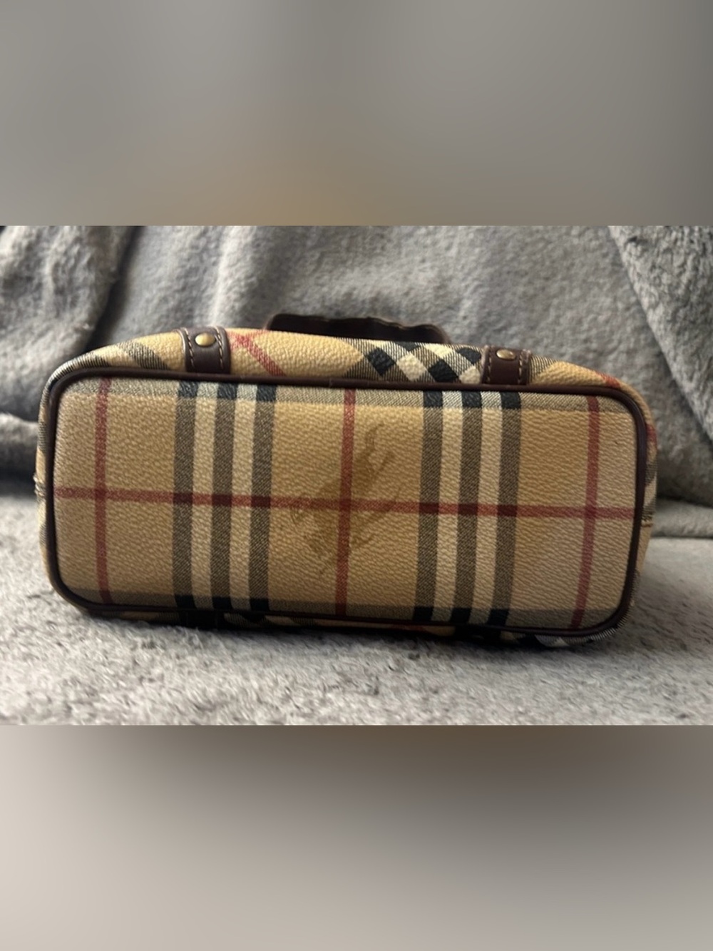 BURBERRY VTG Y2K Haymarket Coach Mini Tote Handbag Top Handle Leather Brown Tan - Picture 5 of 16